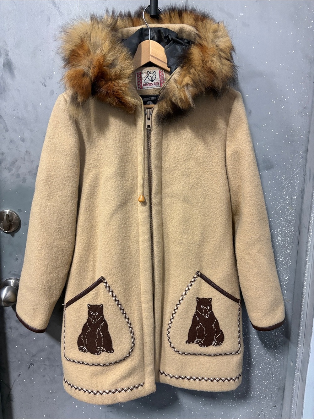 Vintage Women's Tan Patka with Fur Hood and Bear Embroidery